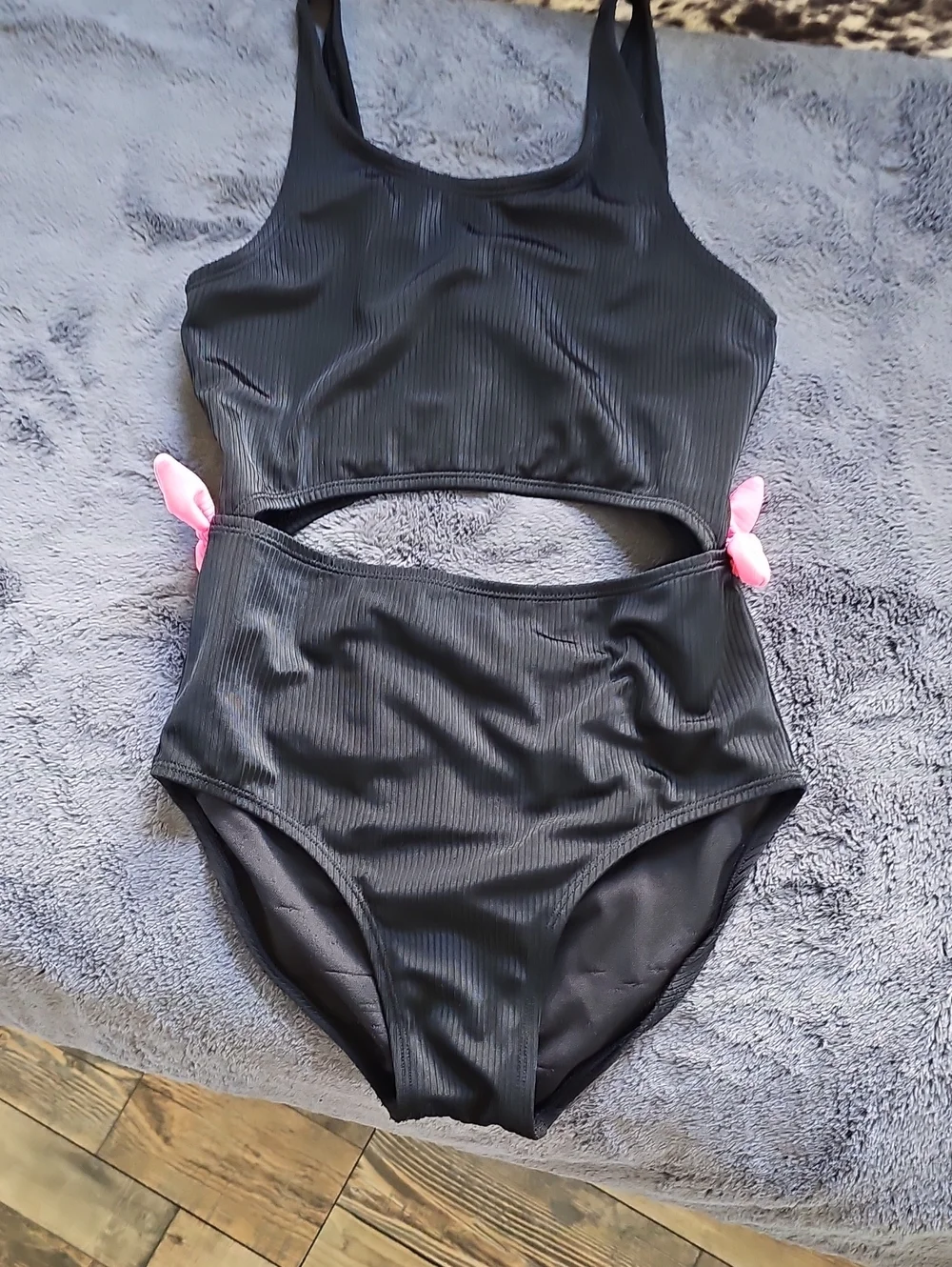 Cutout One-Piece Swimsuit with Pink Side Ties - Black